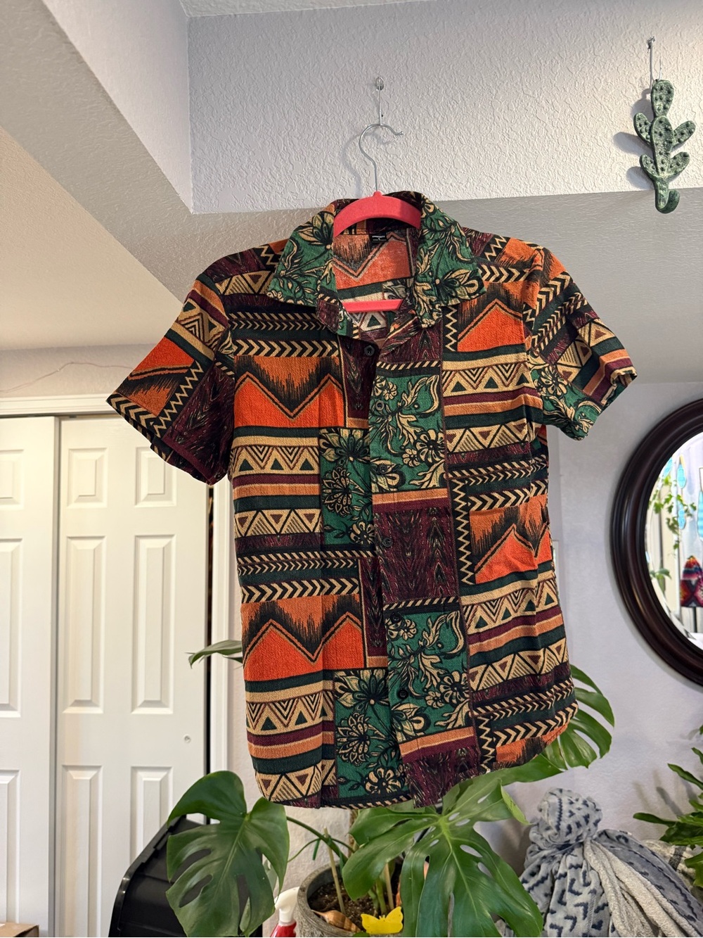 Men's Short-Sleeve Tribal Print Shirt - Orange & Green